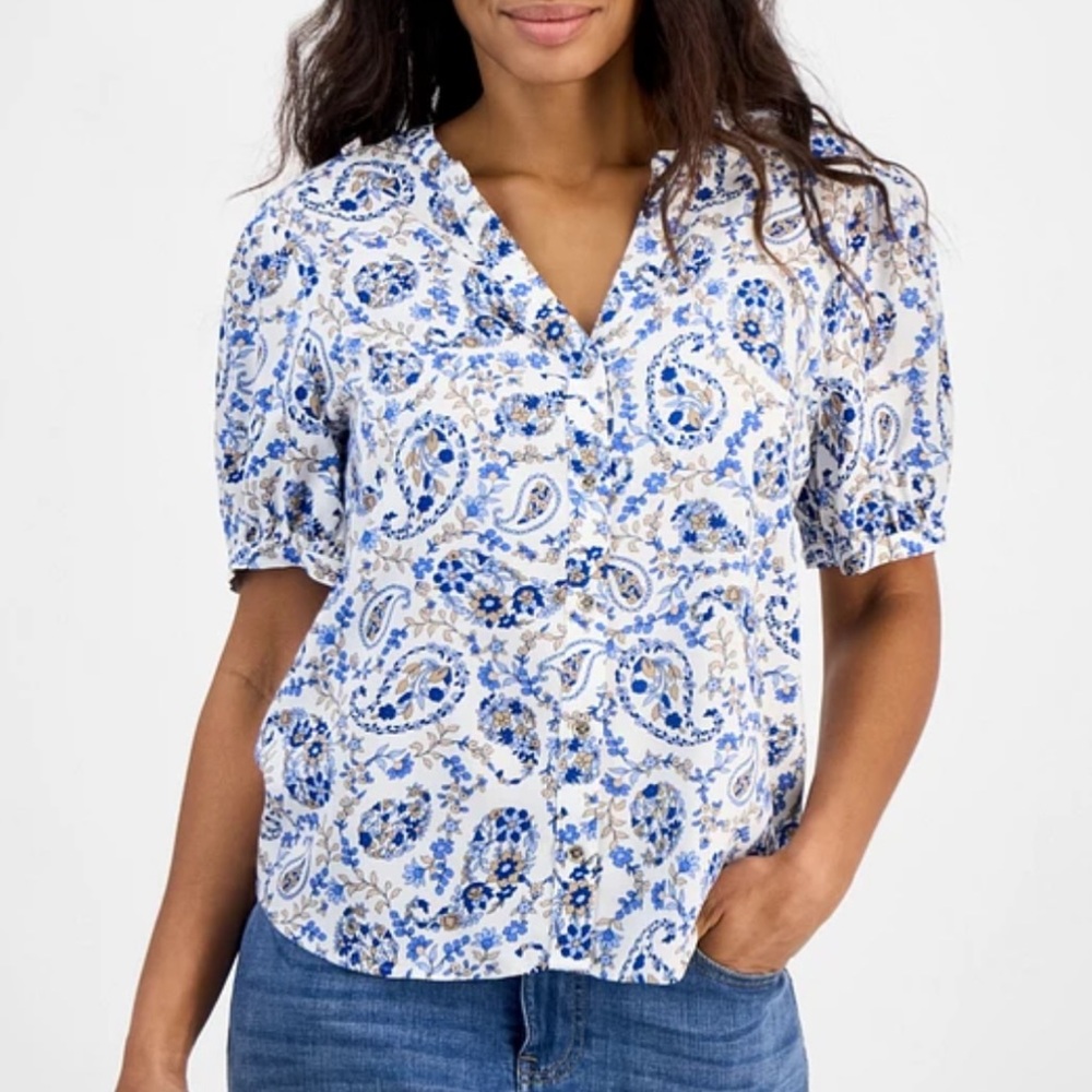 TOMMY HILFIGER Floral V-Neck Lightweight Short Sleeve Blouse Top